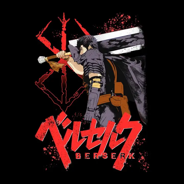Berserk Guts With Kanji Logo Unisex Black T-Shirt Exclusivité Le Repère du Geek